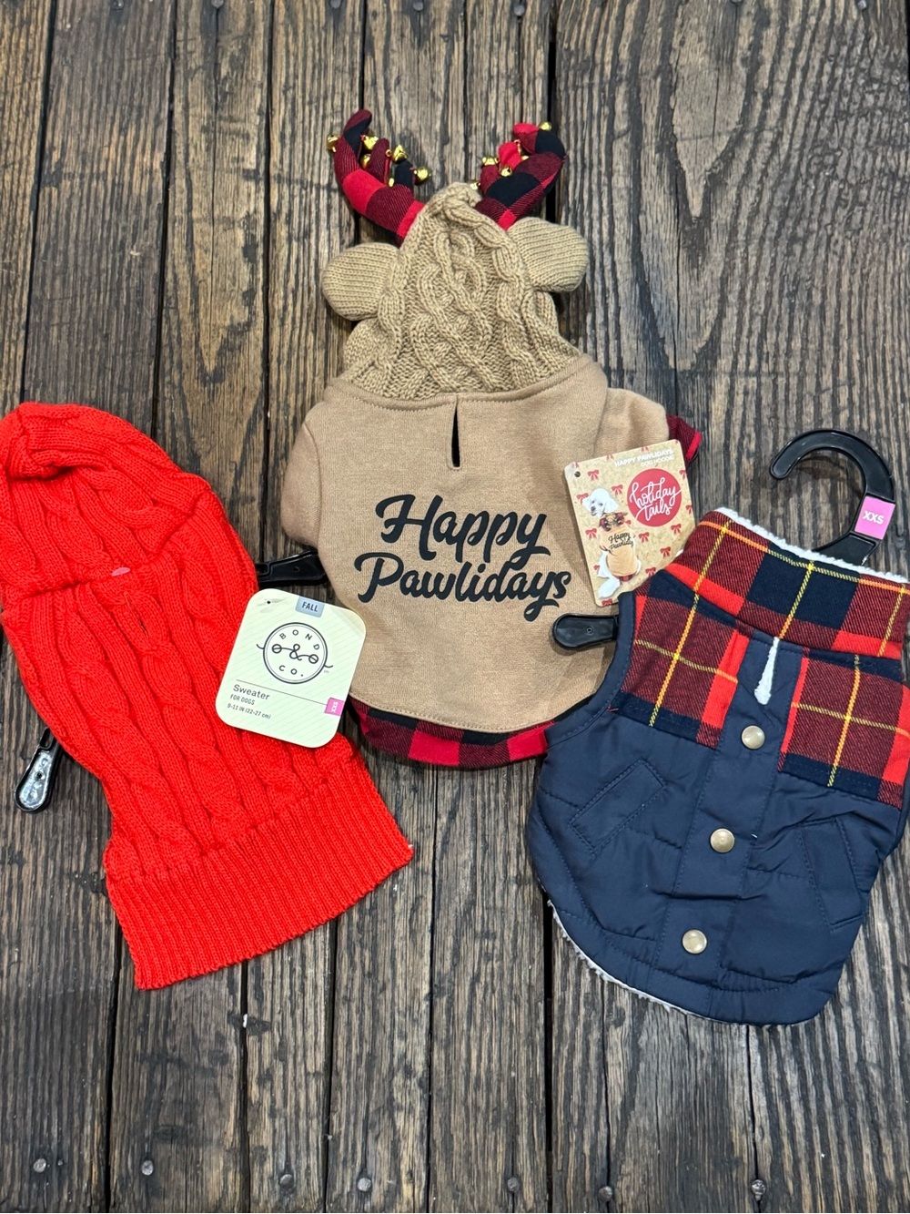 NWT Three XXS Dog Sweaters, Winter Jacket - Red, Navy, Plaid, Christmas Reindeer